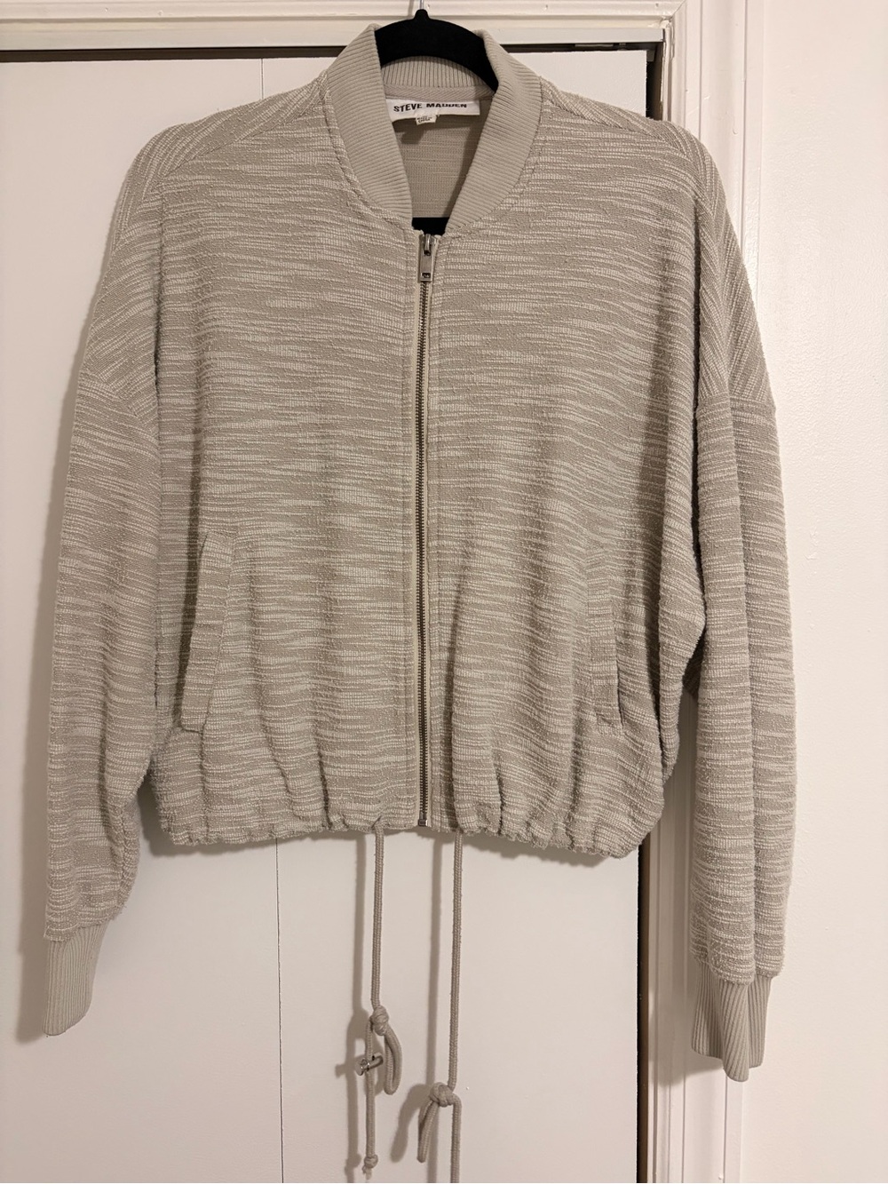 Steve Madden Heathered Light Gray Bomber Jacket with Drawstring Hem